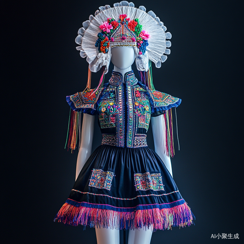 高定义影像展示苗族服饰与层次裙摆的模特
