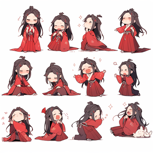 小女孩红色汉服可爱姿势与表情贴纸艺术