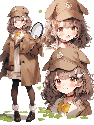 棕色系侦探女孩小狗的全身立绘设计