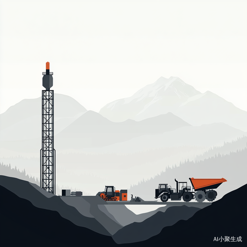 山区工业机械设备与采矿信号塔的极简黑白灰矢量图形