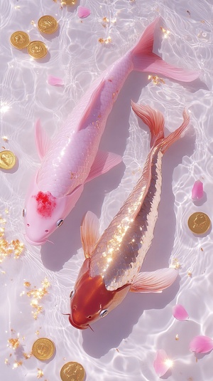 Pink transparent carp swimming in clear water, lots of golden corns,pink and gold petals,one pink koi fish and one golden koi fish with long tails at the bottom of a sparkling white pool, gold dust, sparkle, gold coins, luick,light and shadow effects, in the style of surrealism, y2k aesthetics, soft edges, high resolution photography, fantastic realism. I can't believe how beautiful it is. ar 70:123 v 6.0