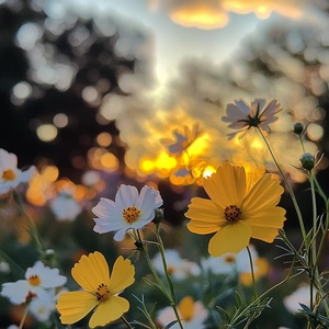 A photo of yellow and white flowers in the foreground, with a blurry sunset background during the golden hour, captured on a Fujifilm camera.