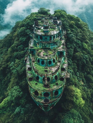 A massive warship is parked atop Mount Emei in Guizhou, China. The ship has numerous portholes and an industrial style with steel structures. It appears as if it were perched atop a mountain peak, surrounded by lush greenery. Aerial photography captured its magnificent appearance from above. This stunning scene conveys awe at nature's grandeur while showcasing ancient technological marvels, creating a captivating visual experience.