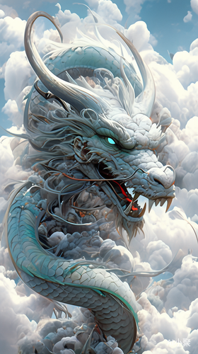 Light Cyan Asian Dragon Surrounded by Clouds in Hyperrealism Style