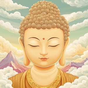 Buddha with a golden necklace, against a sky background with mountains in the clouds, in a cartoon style reminiscent of traditional Chinese painting. A close-up portrait of the Buddha's head and shoulders, with eyes closed, presented as a high-definition wallpaper with exquisite details. The background features a colorful, auspicious cloud pattern with warm colors and soft lighting, highlighting the Buddha's exquisite facial features and .