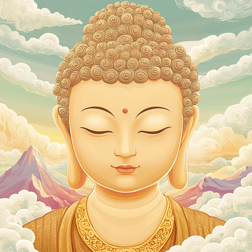 Cartoon Style Buddha Portrait with Golden Necklace and Cloudy Mountains