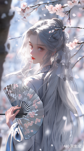 神里绫华穿着华丽和服在樱花树下优雅展现