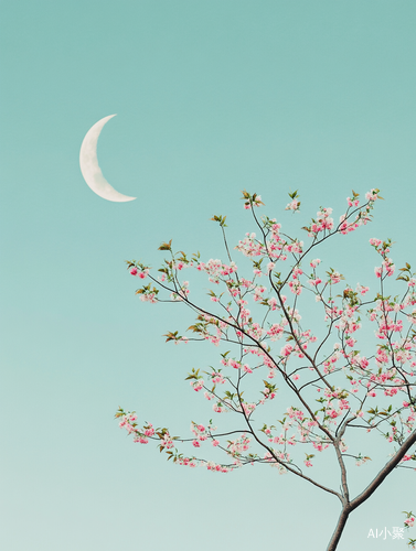 Pink Blossom Tree Against Blue Sky and White Moon in Minimalist Style