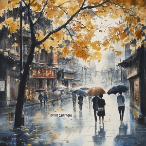 Autumn Streets in Watercolor with Umbrellas and Yellow Leaves