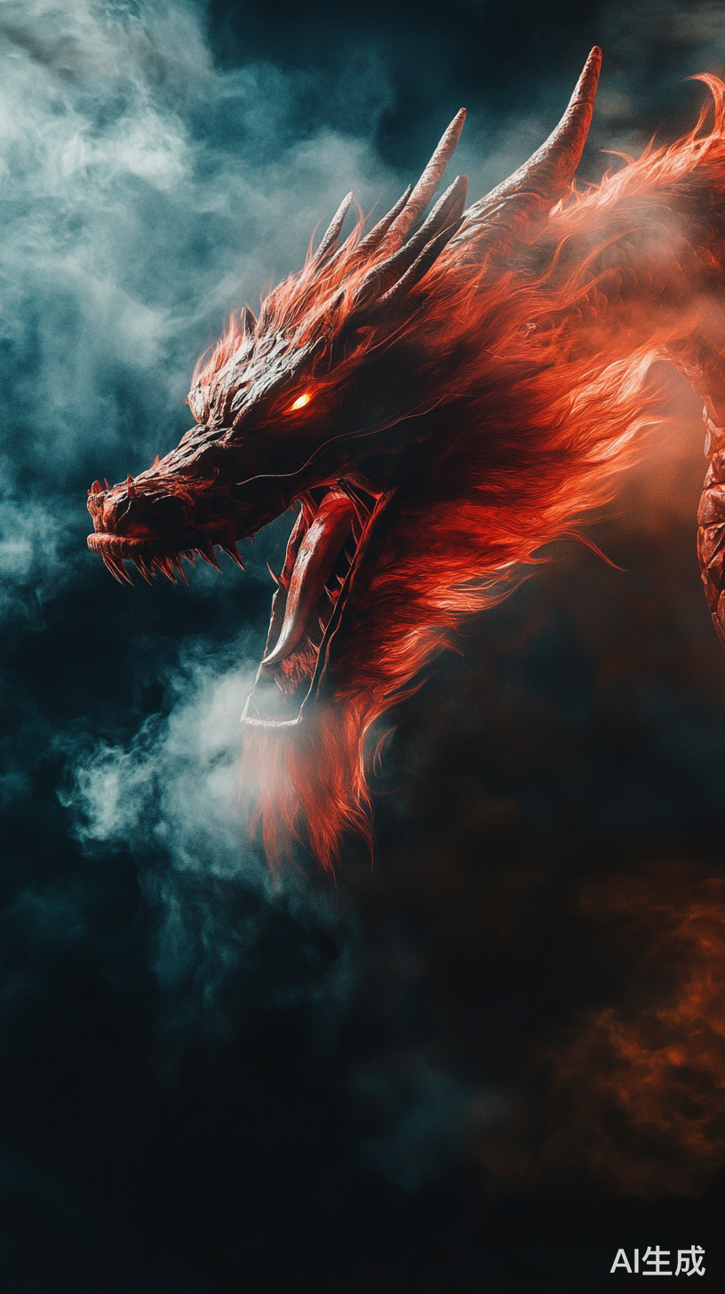 威武雄壮的红色火龙在黑暗中飞跃