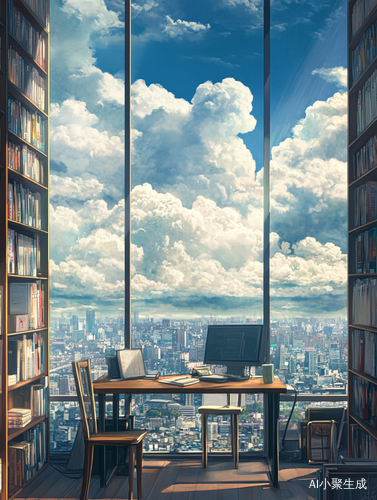 空旷书房内的书籍与家具映衬窗外云朵