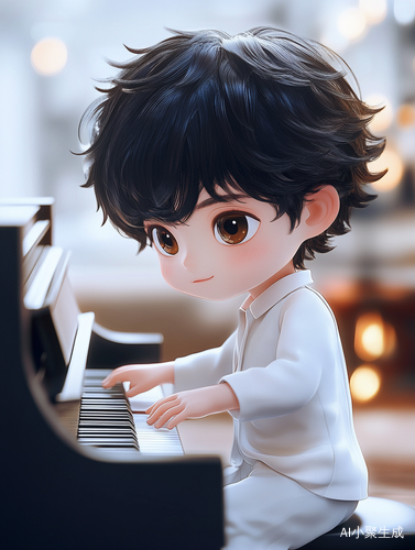 黑发男孩独奏钢琴的精美作品