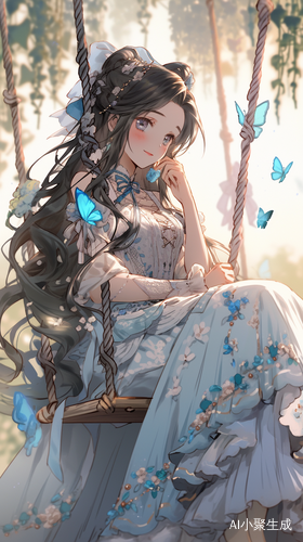 秋天日落下的优雅少女坐秋千的华丽古风画作