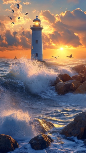 A lighthouse in the middle of the sea, with wild sea hitting into rocks, and sunset light reflecting into the sea