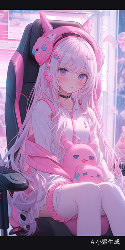 粉白色少女长发猫耳耳机坐在电竞椅上玩电脑