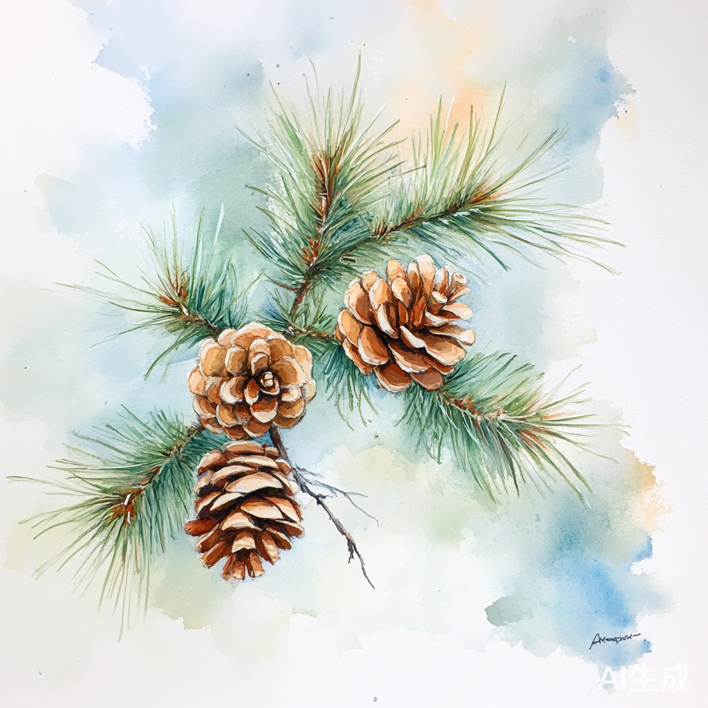 水彩风格的松枝与松果绘画