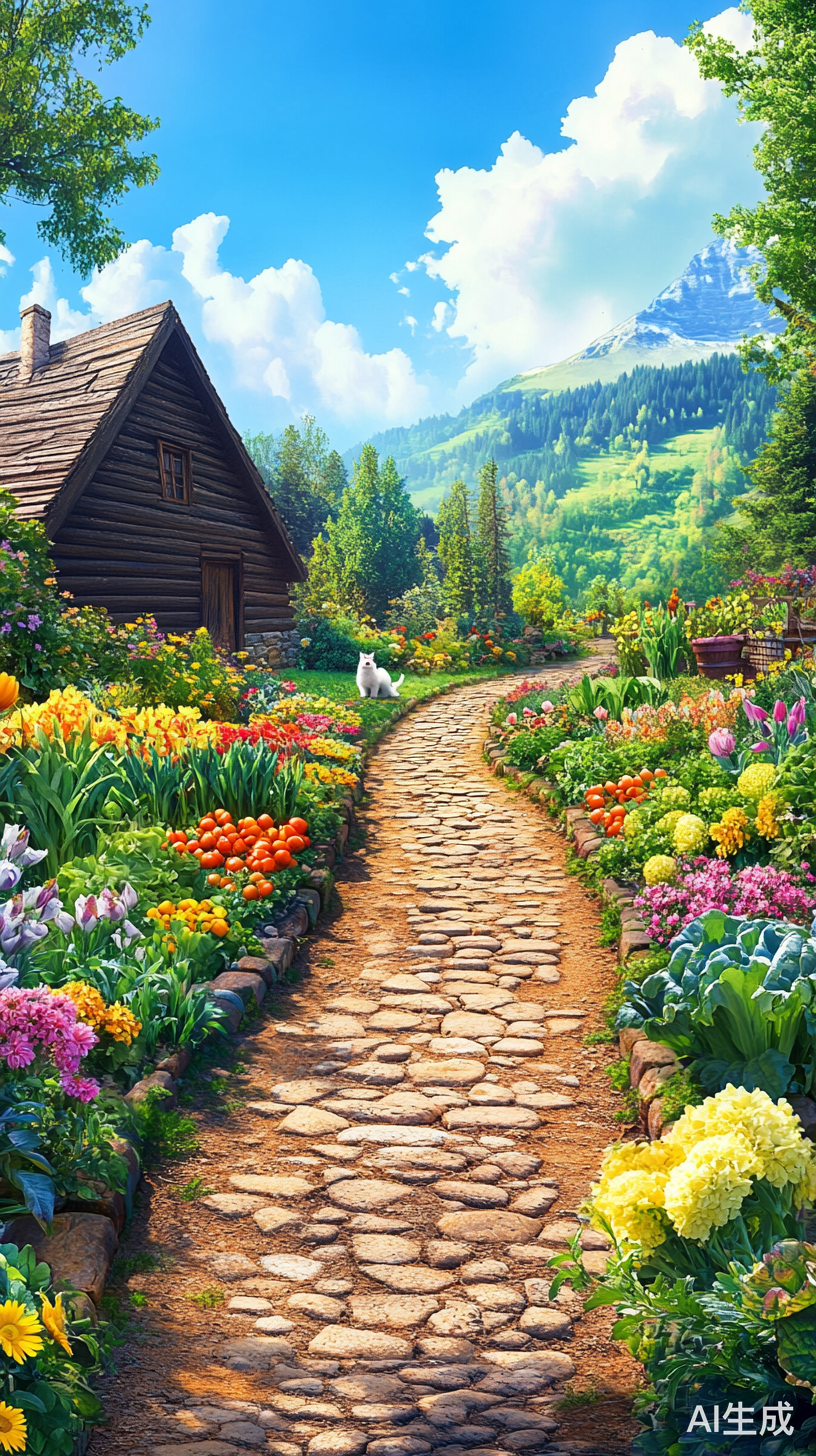 菜园石路通向旧木屋环绕五彩花朵与白猫