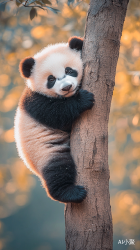 可爱大熊猫婴儿坐在树干上的高清壁纸