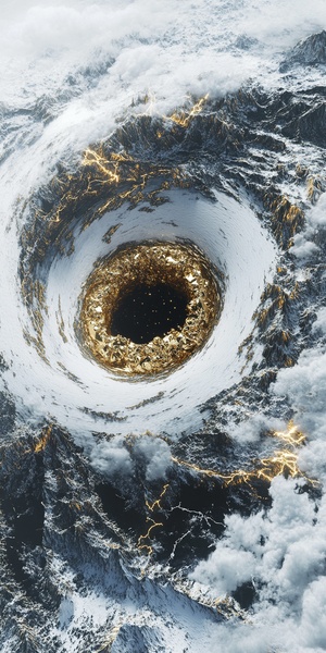 imagine prompt: Satellite view of a small typhoon rotating with a typhoon eye center filled with gold foil clouds and gold foil lightning. In the style of James Jean and Simon Stålenhag, isometric art, monochrome, white background, minimalism. Simulated by Houdini. ar 5:4 s 600 v 5 q 2