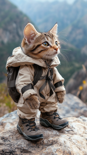 小猫穿着户外登山服和登山鞋的可爱形象