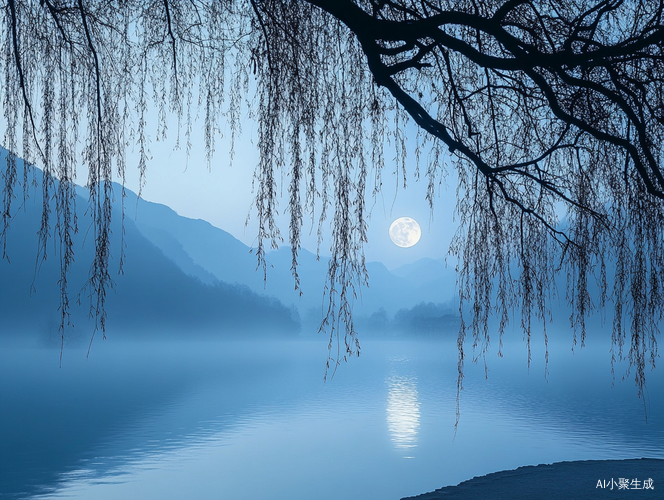 宁静夜晚月光下的湖边沉思