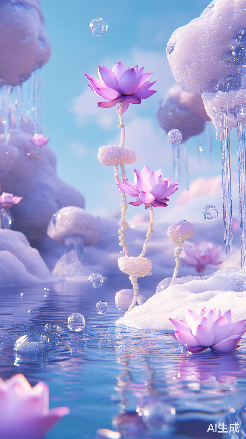 空灵幻想世界的3D插图展示浮岛湖泊与冰上荷花
