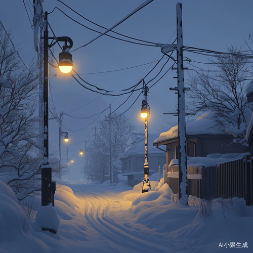 夜晚雪景三盏街灯映照温暖光芒