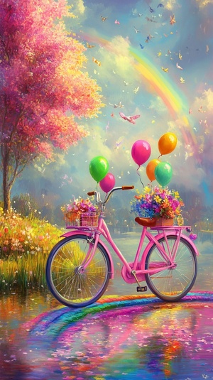 A pink bicycle with colorful flowers and balloons on the bicycle, a rainbow-colored plastic track around the lake, a rainbow in the sky, oil painting style, masterpieces, high-definition picture quality