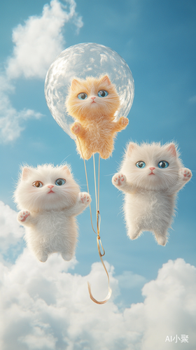 Three Adorable Balloon Cats Soaring in a Bright Blue Sky