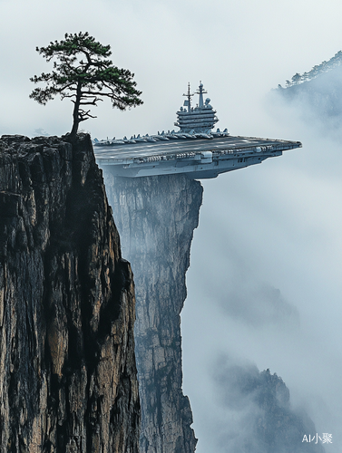 苍雷山巅的超大型航空母舰与吴冠中风格画布