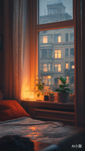 温馨房屋内外阴雨交织的城市景象