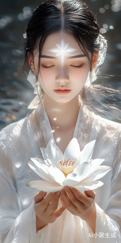 Chinese Woman in Hanfu with Lotus Flower under Serene Atmosphere
