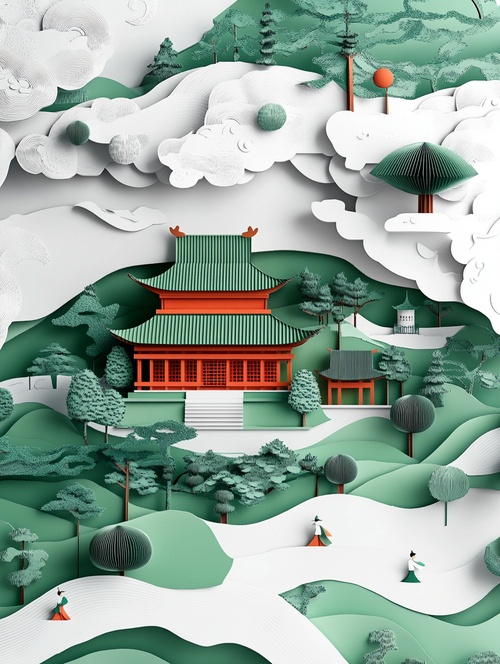 A paper model of an ancient Chinese scroll, the unfolded page depicts a green landscape with trees and buildings, and is surrounded by little figures representing traditional animated characters. The background consists of light gray and white patterns, creating a sense of depth. This piece was created using paper-cutting techniques and styled with cinema4d software.