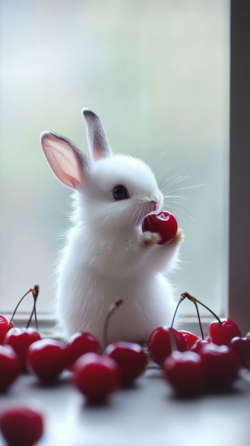 the smallest and cutest white rabbit in the world, standing on top of it, nibbling hard on cherries, looking out while nibbling, blue-gray black ears, fur so soft and delicate, eyes black and black bling bling, you can almost touch them. beautiful, lovely, this miniature wonder is a spectacle worth seeing. ar 2:3 v 6.1