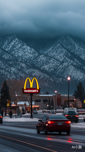 Cinematic Winter Night Scene at McDonald's with Snowy Mountains