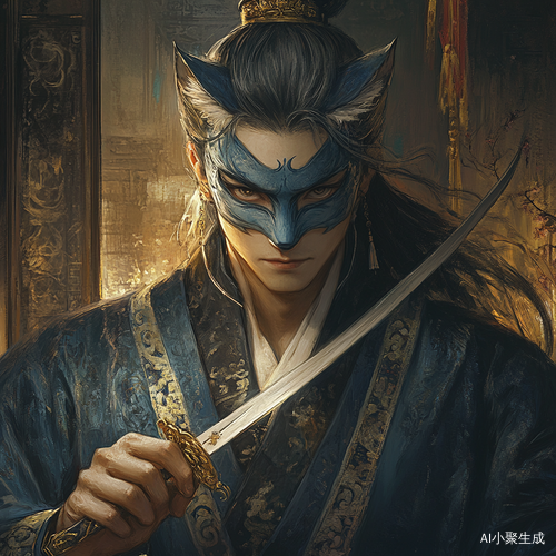 夜行中式古风美男戴青色狐狸面具手握匕首彩铅画