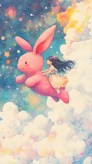 A giant pink bunny, running through the clouds, riding on the back of a cute little girl, Surrounded by white clouds, colorful stars, pale yellow and white, graffiti, marker illustrations, minimalism.