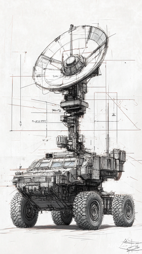 Battlefield Radar Vehicle Design Blueprint with CAD Style and Annotations
