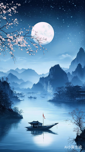 三维古风水墨画王希孟江南湖畔桃花月夜