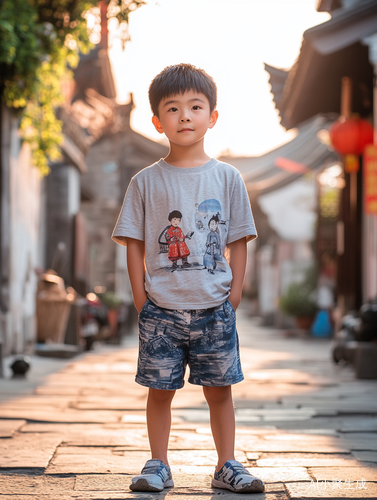 可爱的10岁中国男孩时尚街头装扮