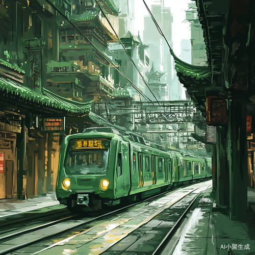 绿色地铁穿梭中国风建筑的插画