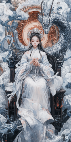 Chinese Girl on Throne Surrounded by Phoenix Beast in Mythical Style