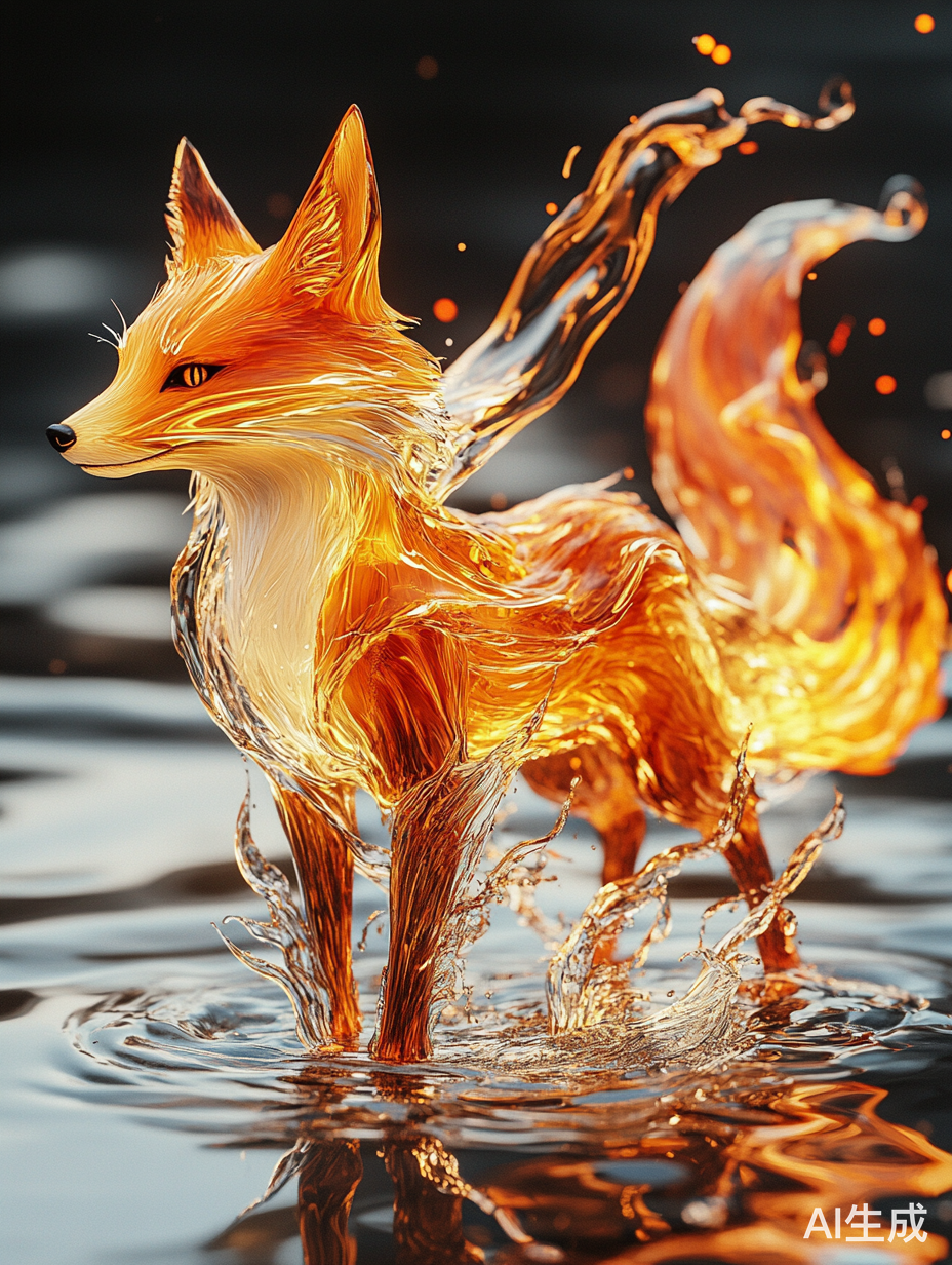 超现实主义三维渲染九尾狐由水与火焰组成背景简单