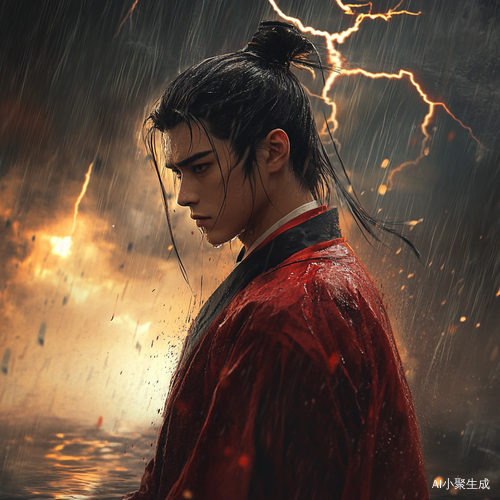 Handsome Young Chinese Man in Storm Wearing Vibrant Vermilion Opera Robe