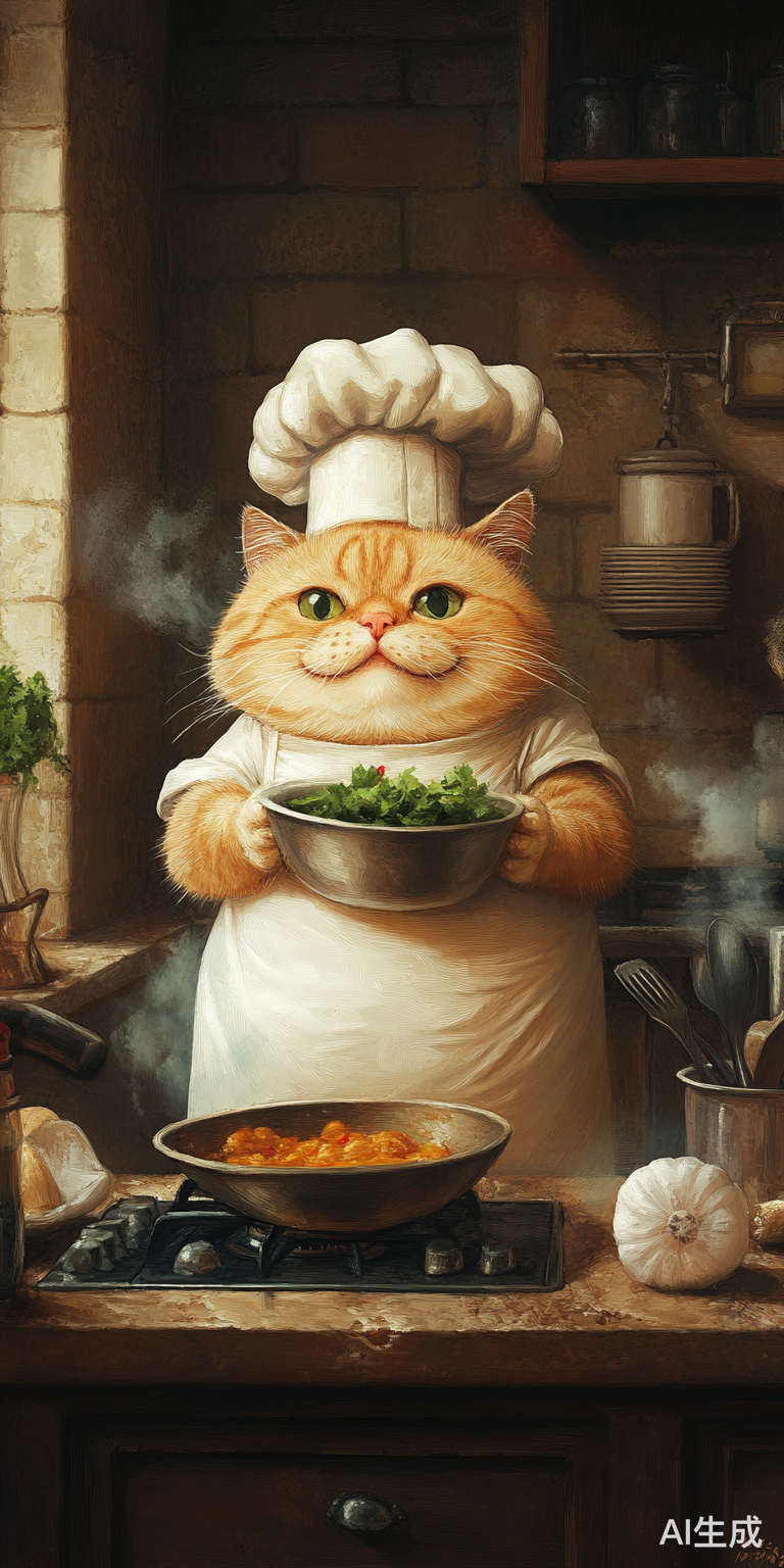 肥猫厨师帽做菜的厨房趣事