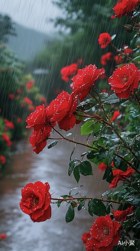 浪漫忧伤中的红玫瑰花瓣与细雨交融