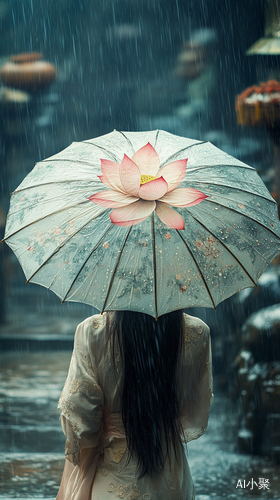 A Woman with a Lotus Umbrella Walking in Chang'an Rain