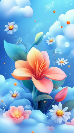 Logo design, Fire lily cloud and flowers, cute style, blue background, colorful elements, bright colors, cartoon illustration style, 3D rendering effect. The logo is composed of clouds, Fire lily and small daisies, with a simple composition.It has exquisite details on the surface of the fruits, highlighting its vitality., in ar9:16 v 6.1