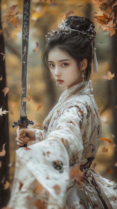 Photography style,18-year-old Chinese girl,fair skin,wearing traditional Chinese clothing,holding a sword in one hand,standing in a forest with falling leaves v 6.0 style raw ar 9:16