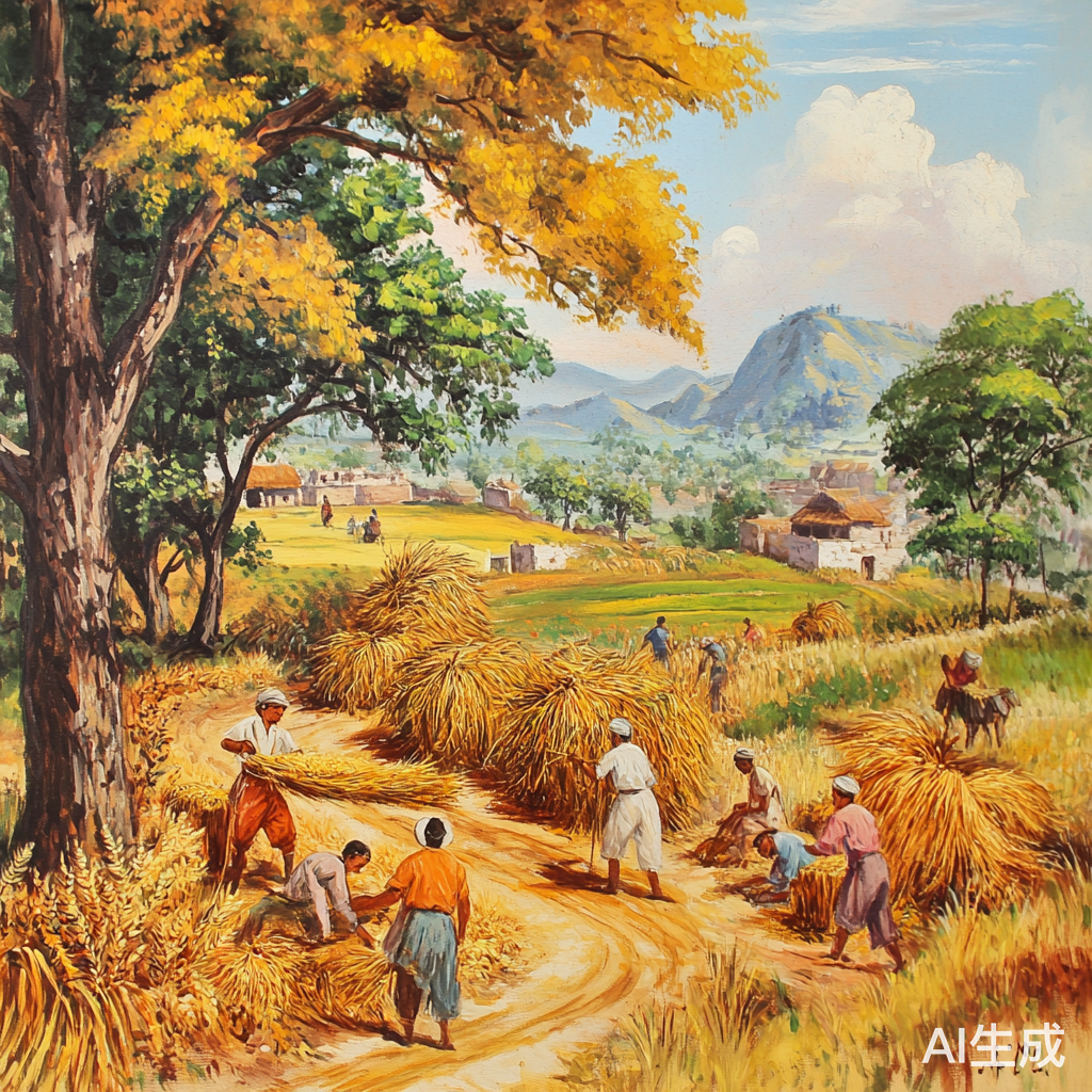 村庄丰收季节农民忙碌绘国画